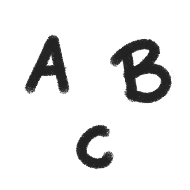 three white circles with A, B, & C written on them in black